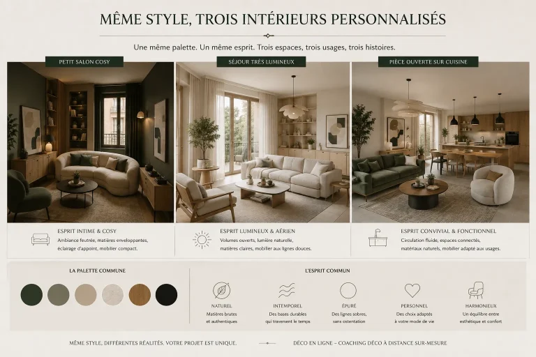 Trois salons différents interprétant la même tendance déco selon leurs volumes et leur lumière