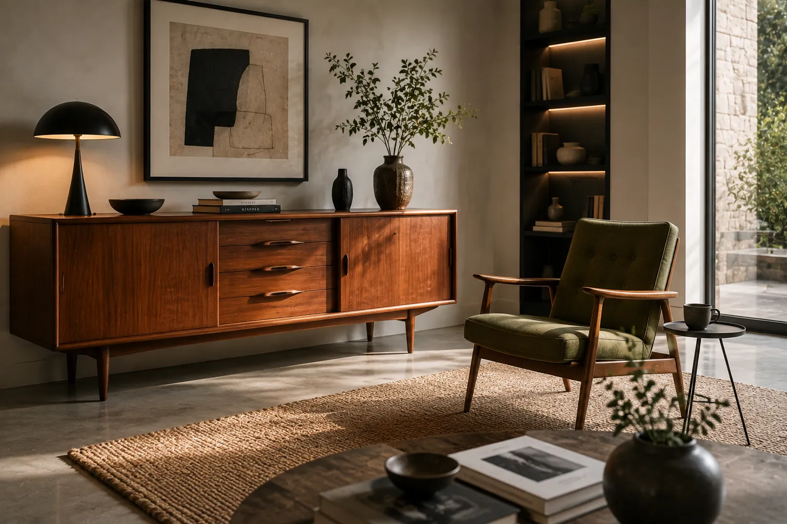 Buffet vintage en bois intégré avec élégance dans un salon contemporain