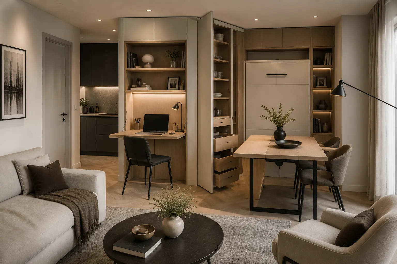 Mobilier multifonctionnel moderne avec bureau escamotable rangement et table extensible