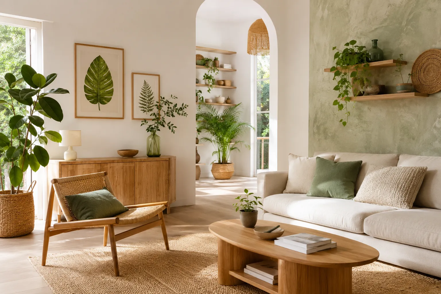 Mobilier en bois durable et lignes intemporelles dans un intérieur écologique haut de gamme
