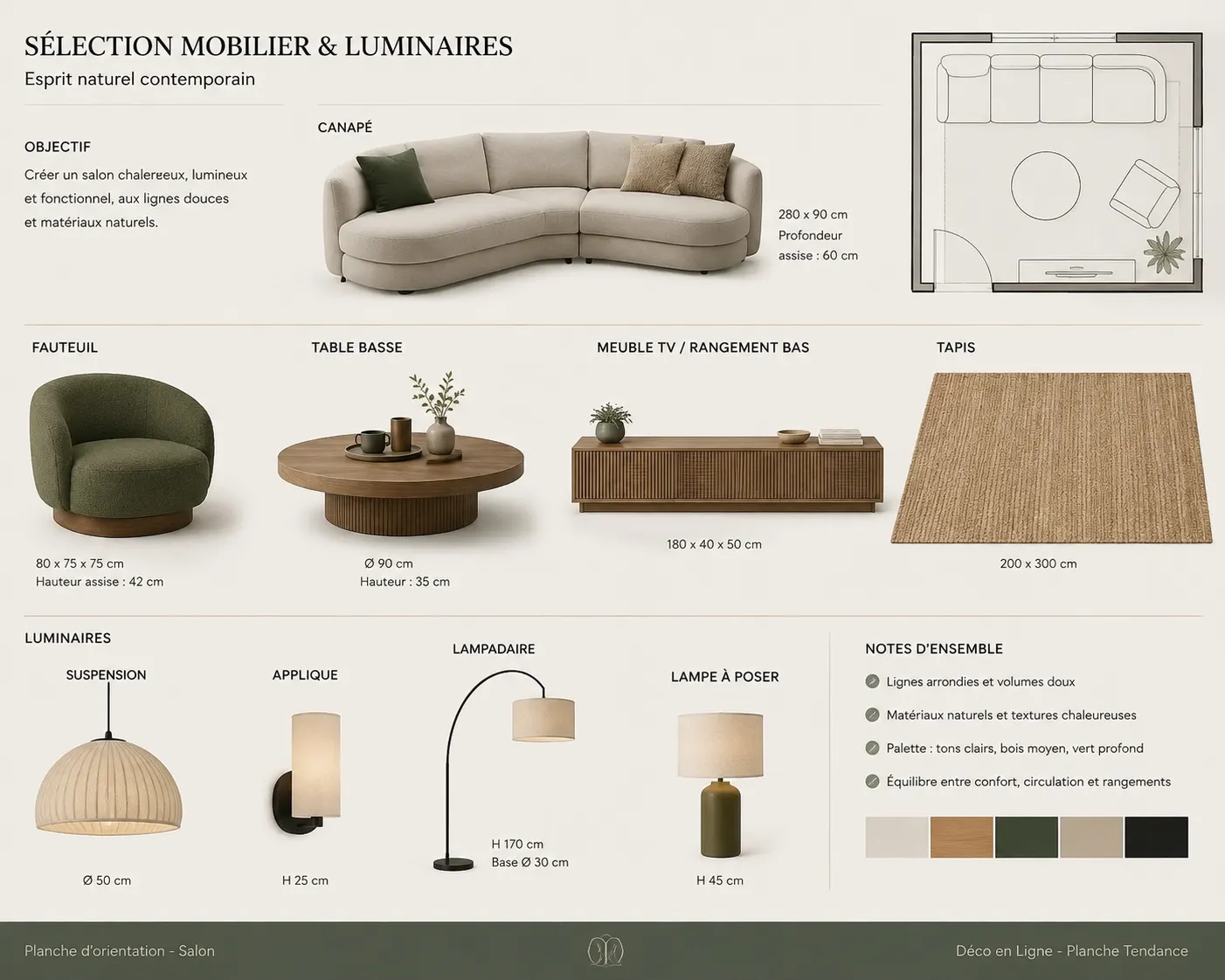 Sélection de canapé, fauteuil, table, rangement et luminaires pour une planche tendance