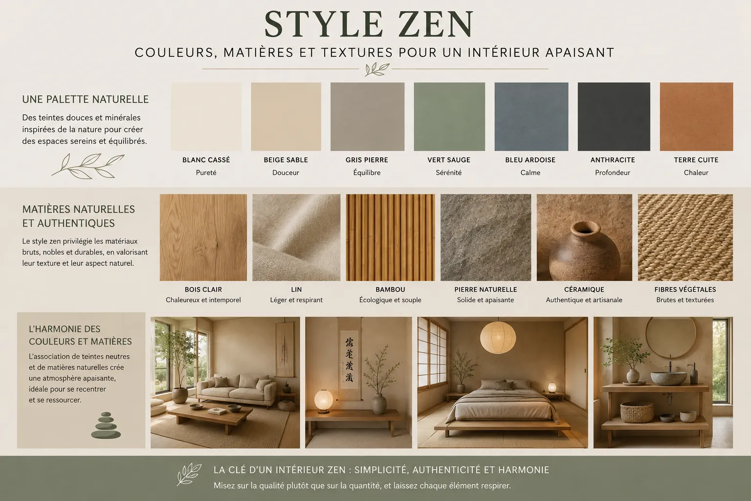 Palette de couleurs et matières pour une décoration zen avec bois lin pierre grège vert et brun