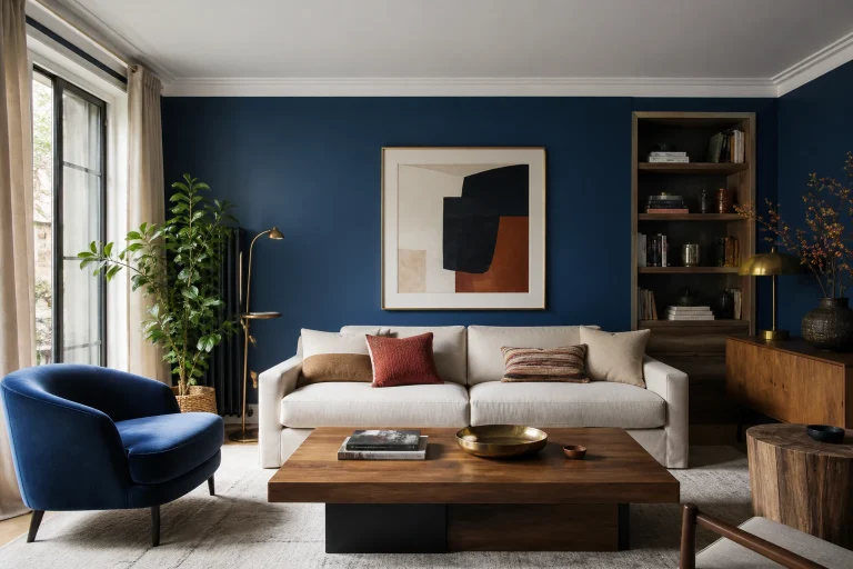 Salon élégant avec mur bleu profond, fauteuil bleu, canapé crème et touches de terracotta