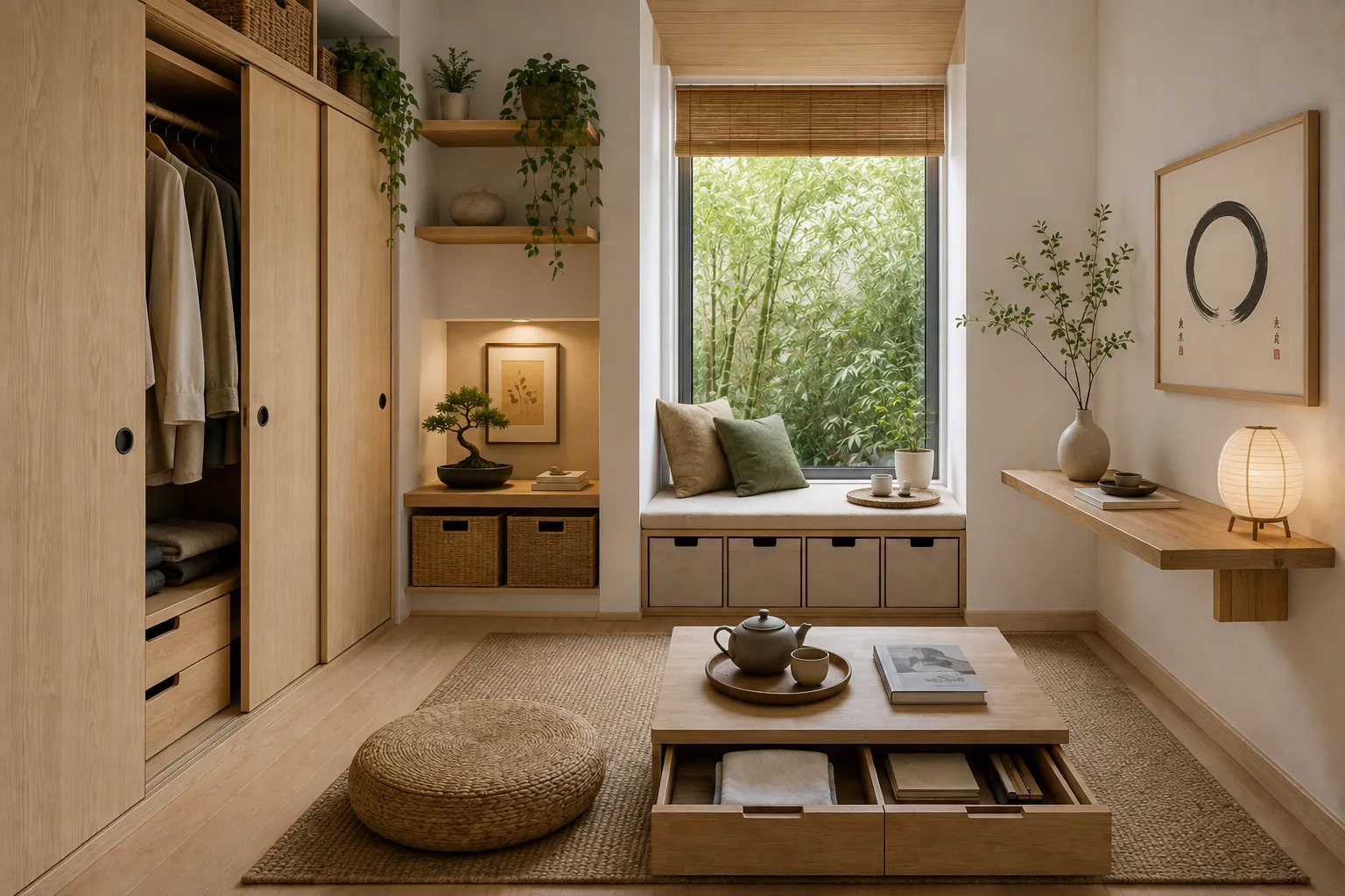 Petit appartement de style zen avec mobilier compact rangements fermés bois clair et couleurs naturelles