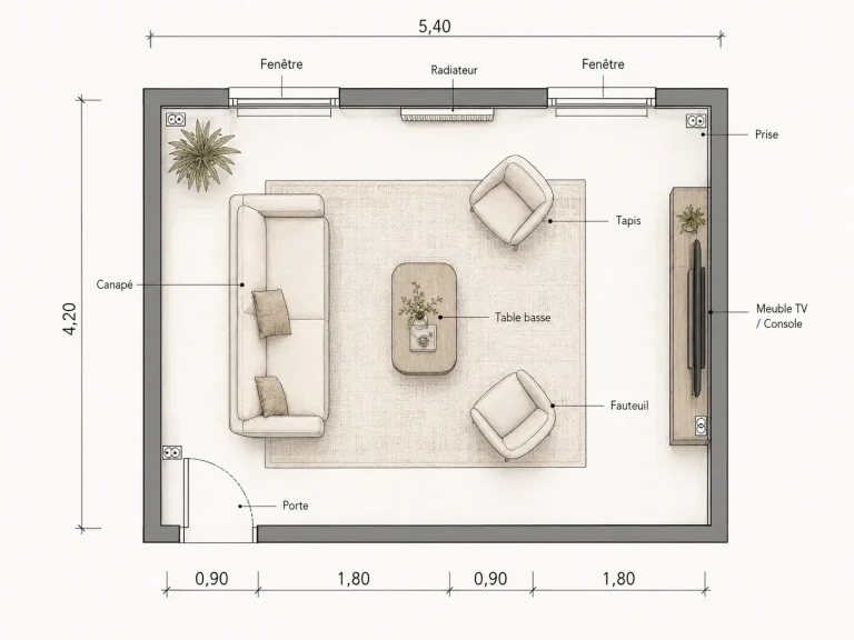 Plan coté de salon avec canapé, fauteuils, table basse, tapis, meuble TV, fenêtres, radiateur, porte et prises
