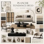 Planche tendance déco d'un salon contemporain avec palette de couleurs, matières, mobilier et accessoires