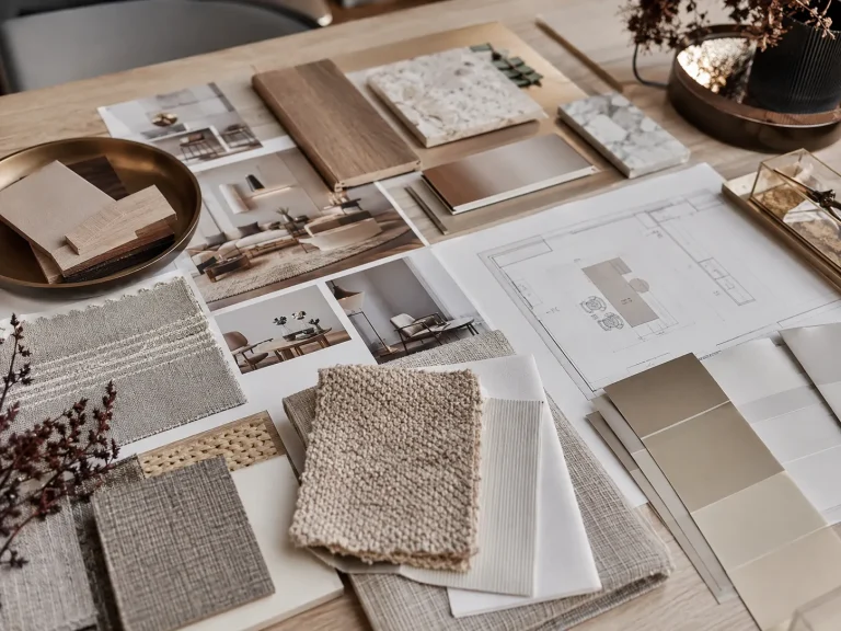Planche tendance avec palette de couleurs, tissus, bois, pierre et plan d’aménagement intérieur