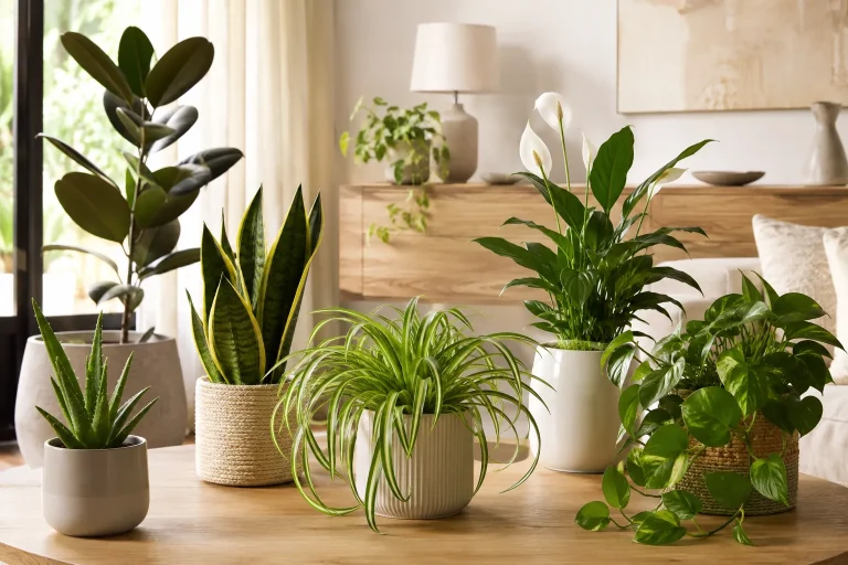 Plantes vertes d’intérieur avec chlorophytum, sansevieria, spathiphyllum, ficus et philodendron
