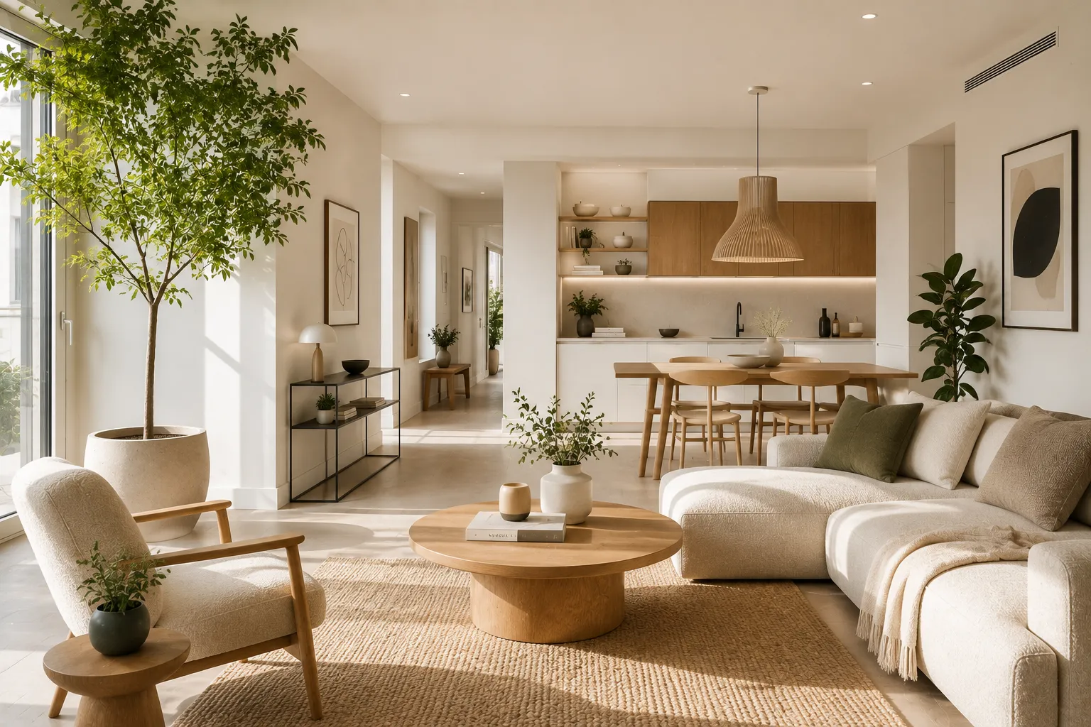 Plantes vertes bien proportionnées intégrées dans un salon contemporain lumineux