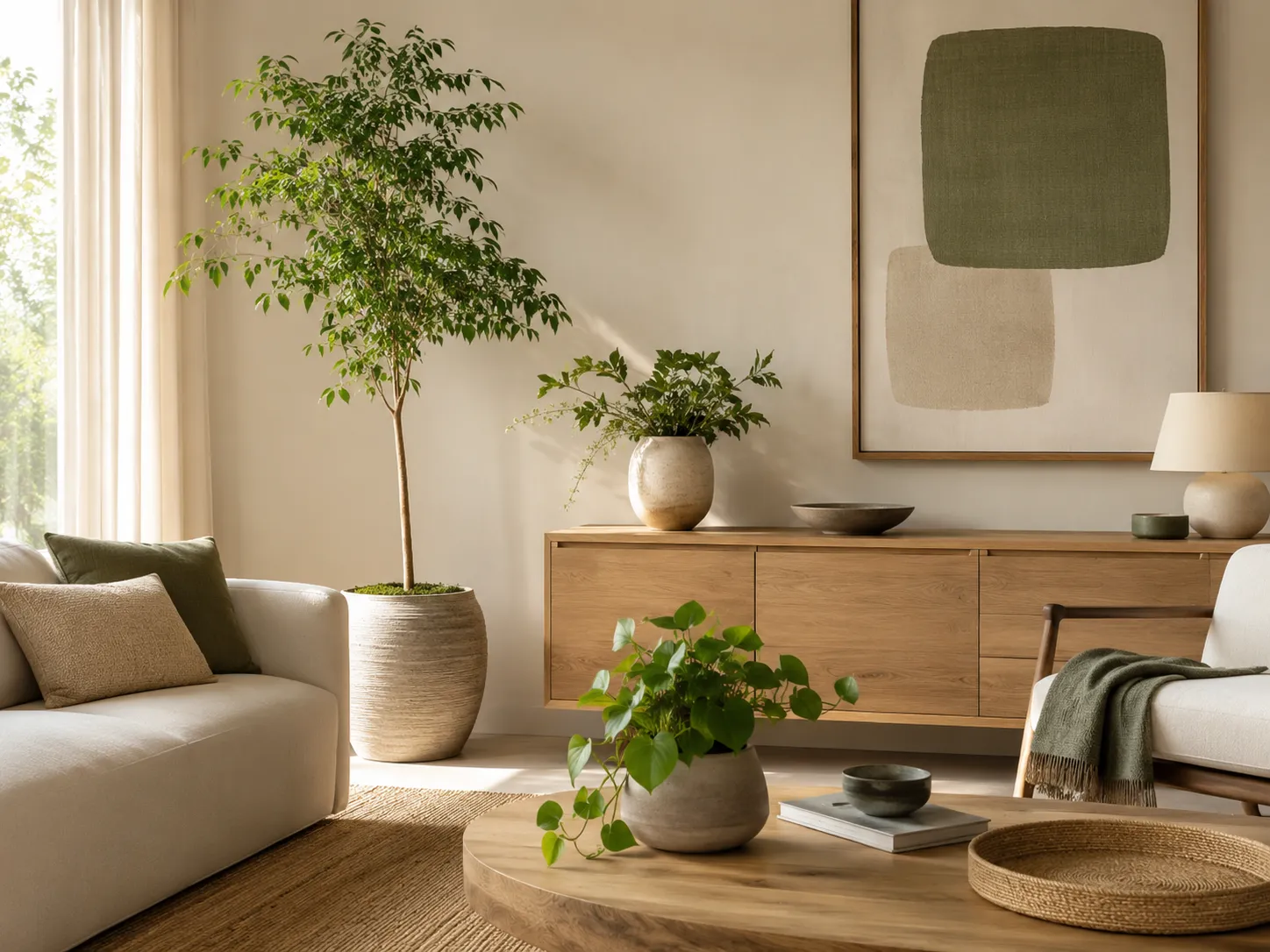 Plantes vertes intégrées avec sobriété dans un intérieur naturel et responsable