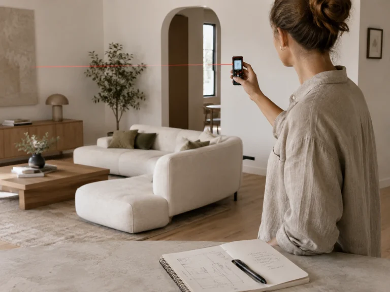 Prendre les mesures d’une pièce avec un mètre laser Personne prenant les dimensions d’un salon avec un mètre laser pour préparer un projet de décoration intérieure à distance