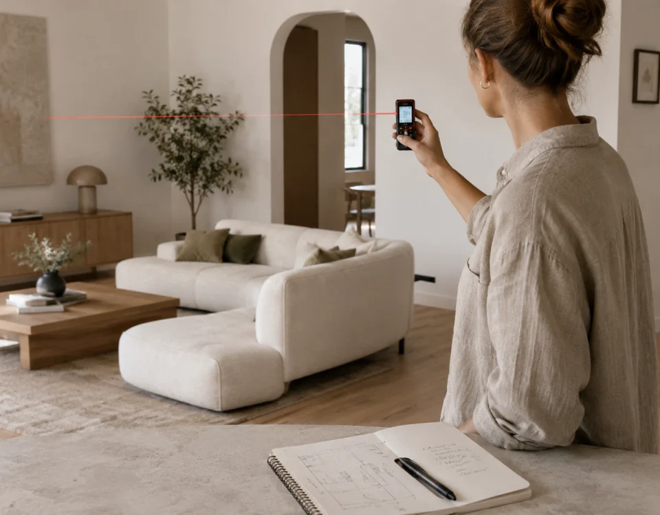 Prendre les mesures d’une pièce avec un mètre laser Personne prenant les dimensions d’un salon avec un mètre laser pour préparer un projet de décoration intérieure à distance