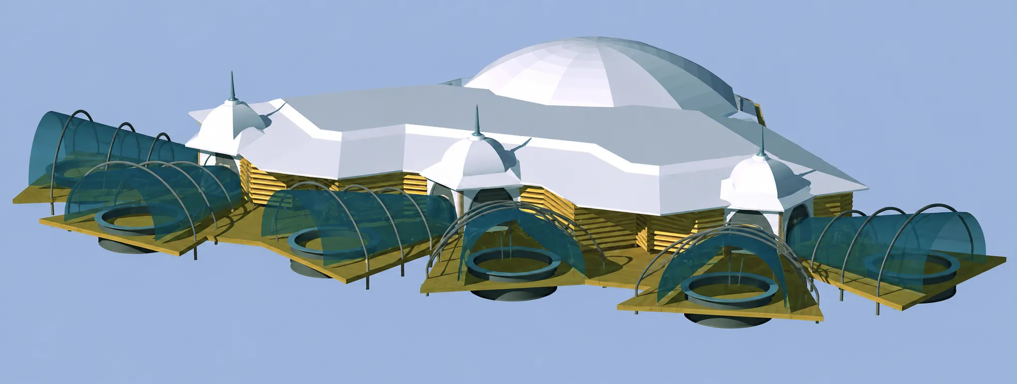 Vue 3D d’un projet hôtelier en Mongolie conçu par Irina Savvon avec bâtiment central, dômes et pavillons reliés
