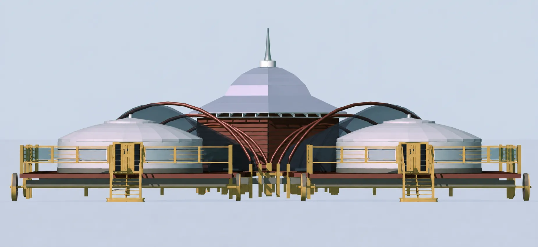 Projet hôtelier en Mongolie conçu par Irina Savvon, vue frontale des pavillons et du bâtiment central