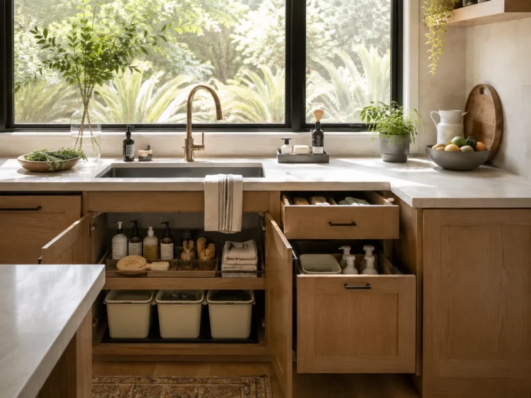 Rangement organisé sous un évier de cuisine avec produits d’entretien et bacs séparés