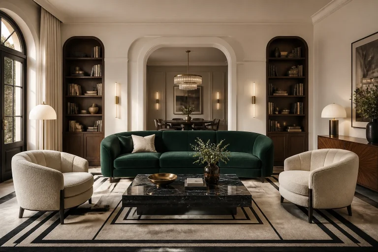 Salon Art déco contemporain avec canapé vert, fauteuils crème, noyer, marbre noir et laiton
