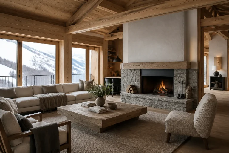 Salon de chalet contemporain avec bois naturel, cheminée en pierre et vue sur la montagne
