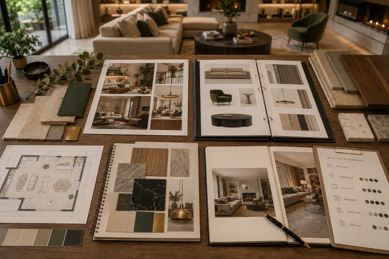 Sélection de mobilier, luminaires, textiles, bois et pierre réalisée par une décoratrice intérieure