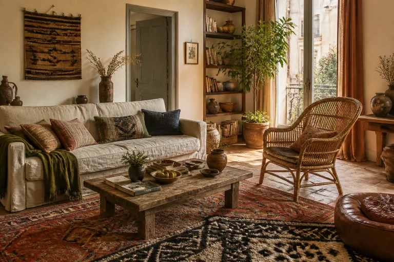 Salon bohème chaleureux avec canapé en lin, fauteuil en rotin, tapis anciens, bois patiné et objets artisanaux