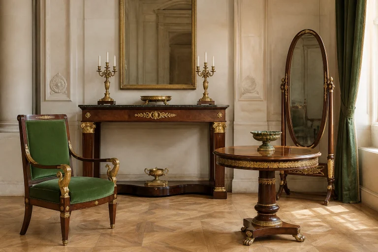 Console en acajou et bronze doré, fauteuil vert, guéridon et psyché dans un salon de style Empire