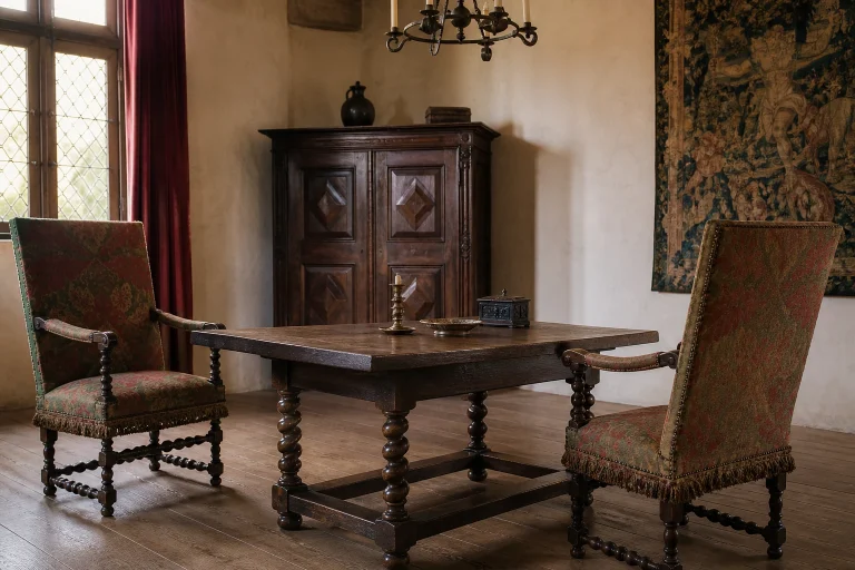 Table en noyer à pieds torsadés et fauteuils à haut dossier dans un intérieur de style Louis XIII