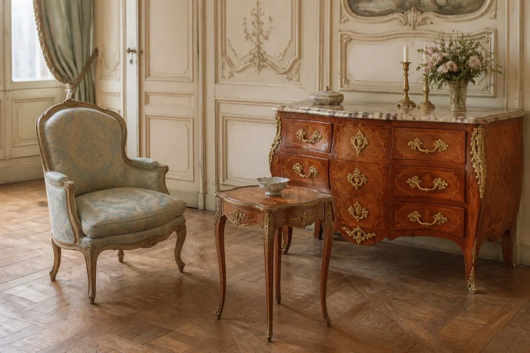 Salon de style Louis XV avec bergère, commode en marqueterie et petite table aux pieds galbés