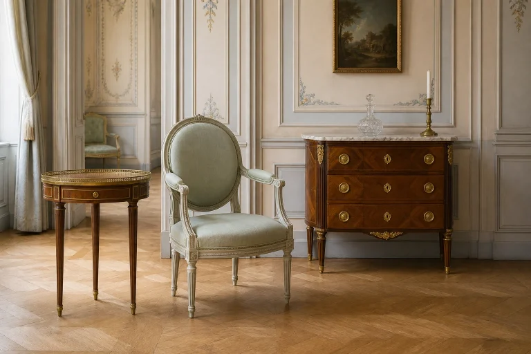 Fauteuil médaillon, commode marquetée et table bouillotte dans un salon de style Louis XVI