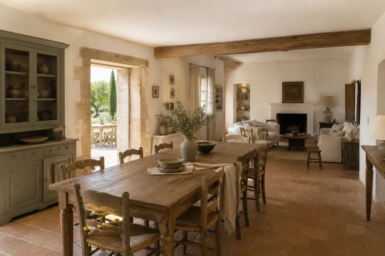 Salon et salle à manger d’un mas provençal avec murs à la chaux, tomettes, table en bois et chaises paillées