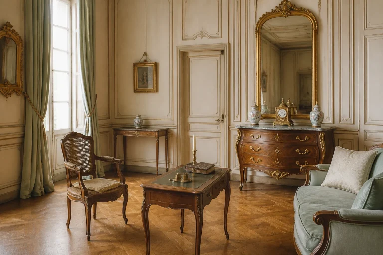 Salon français avec commode, fauteuil et bureau de style Régence