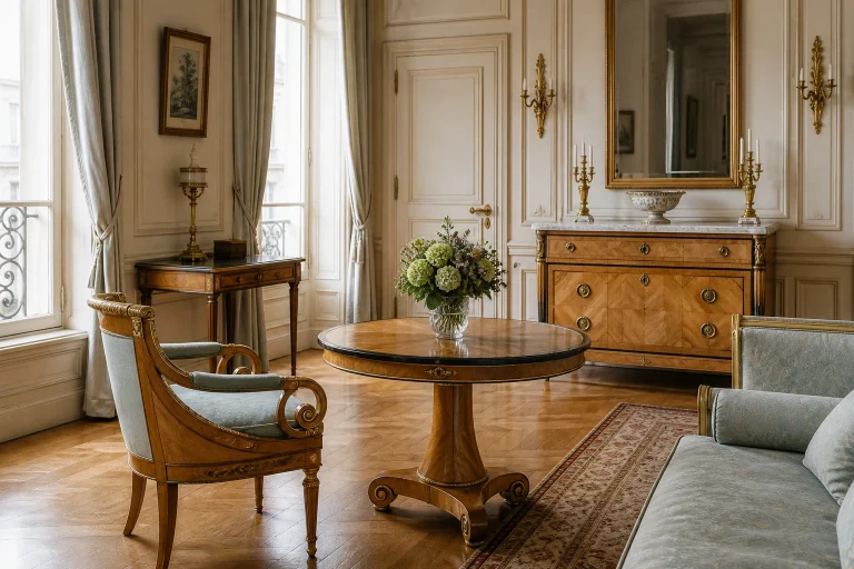 Salon français de style Restauration vers 1825 avec mobilier en bois clair