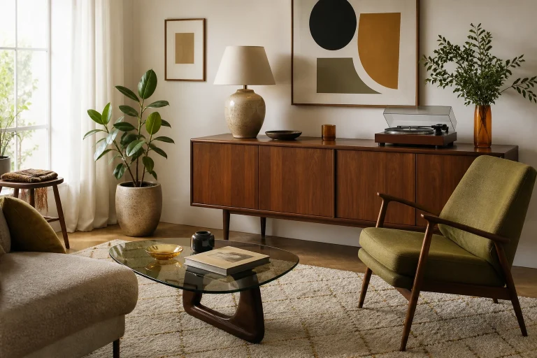Salon vintage avec enfilade en noyer, fauteuil vert olive et table basse en verre fumé