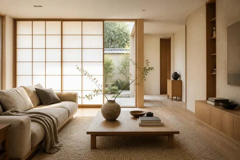 Salon de style zen aux matières naturelles, bois clair et lumière douce