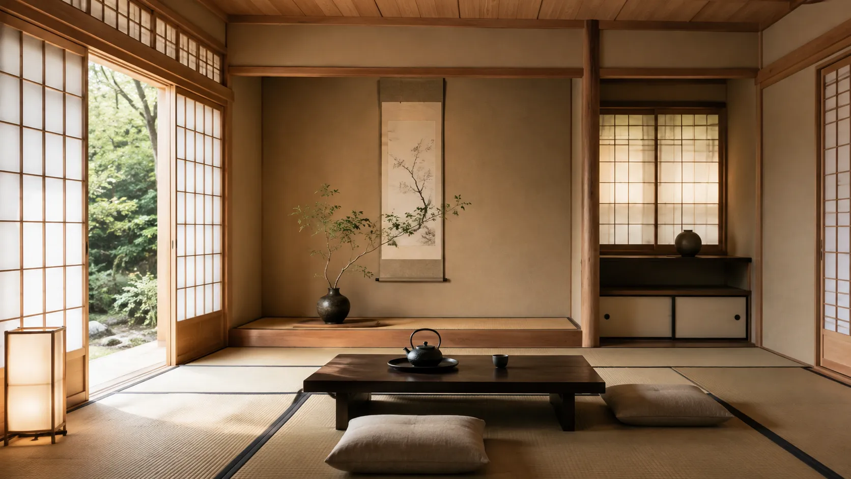 Intérieur japonais inspiré du style shoin avec tatami shoji tokonoma et décoration minimalement sélectionnée