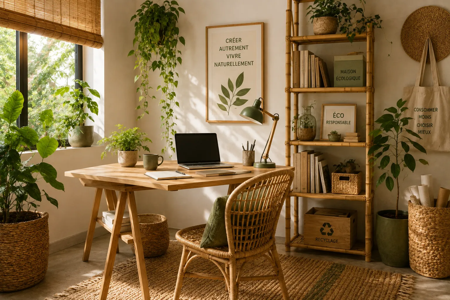 Rideaux en lin, tapis en laine et coussins durables dans un intérieur naturel et élégant