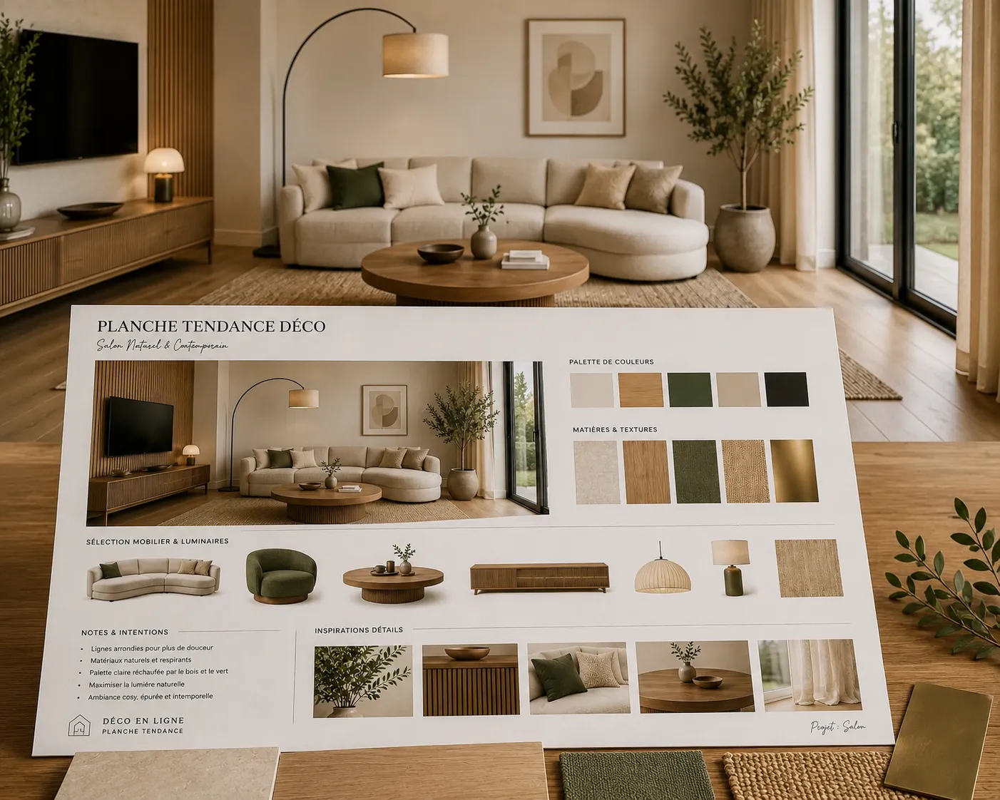 Planche tendance comparée à la pièce réelle pour valider couleurs, matières et mobilier