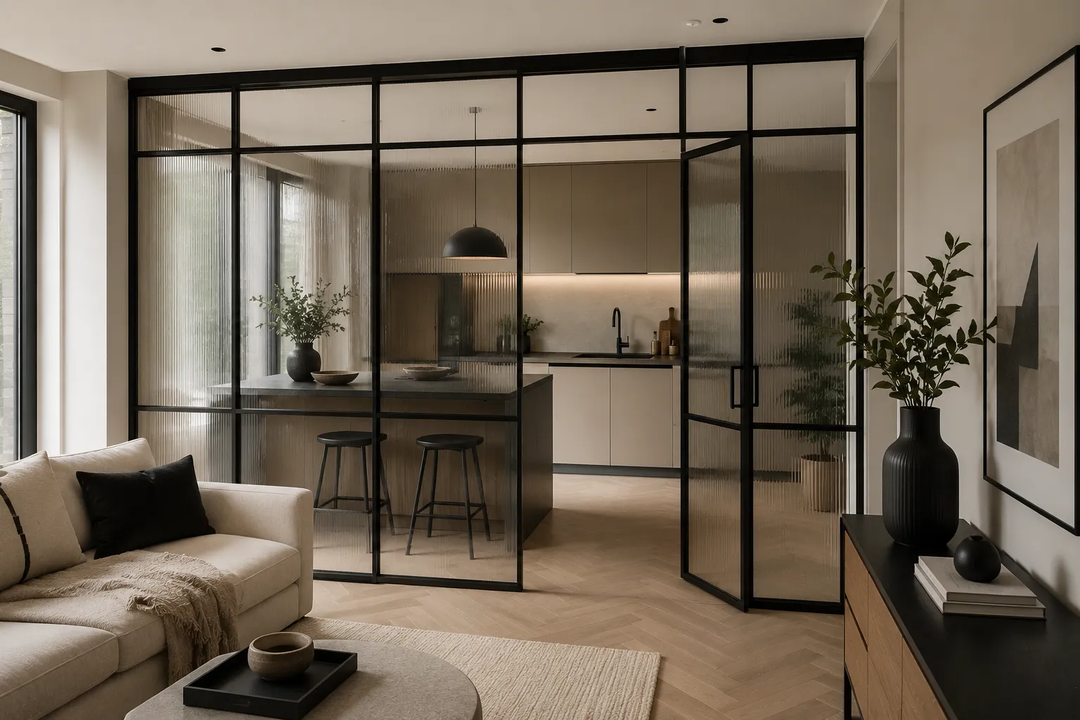Verrière intérieure contemporaine et table en verre laissant circuler la lumière