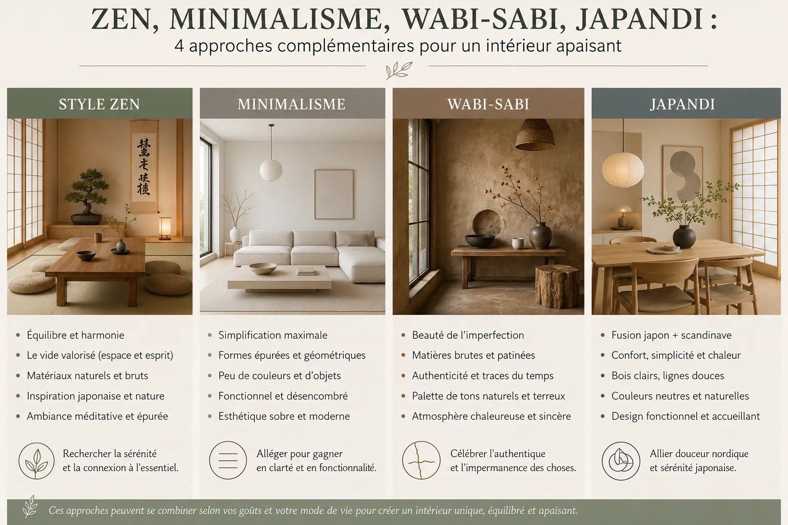 Comparaison visuelle entre décoration zen minimaliste wabi-sabi et Japandi