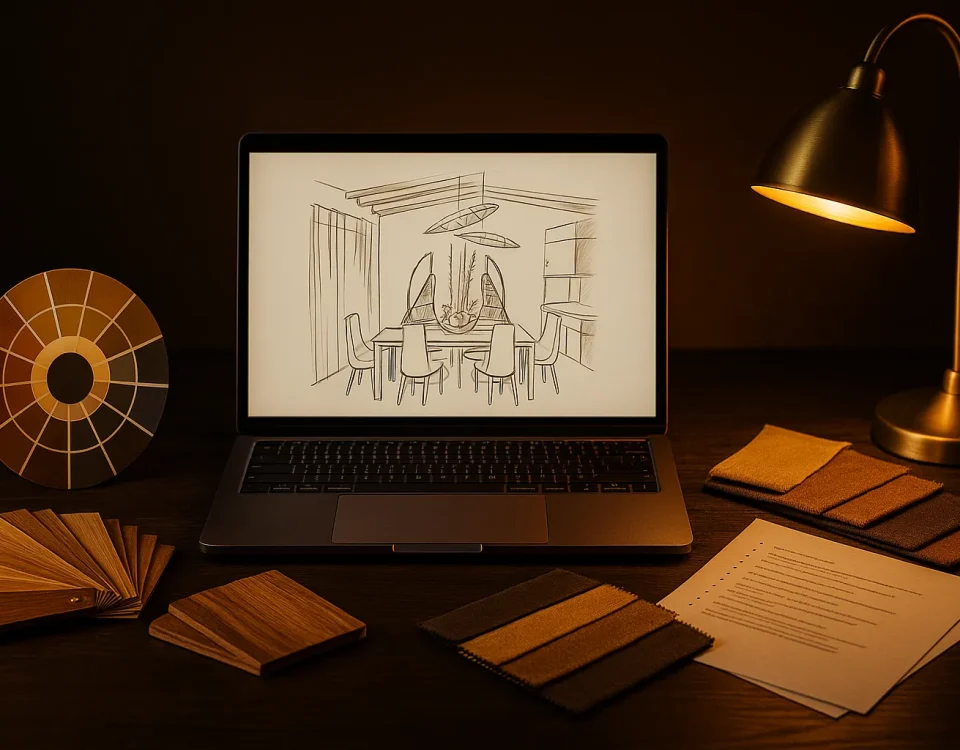 Palette de couleurs, nuanciers bois/tissus, roue chromatique, laptop avec palette, visuel d’ambiance imprimé.