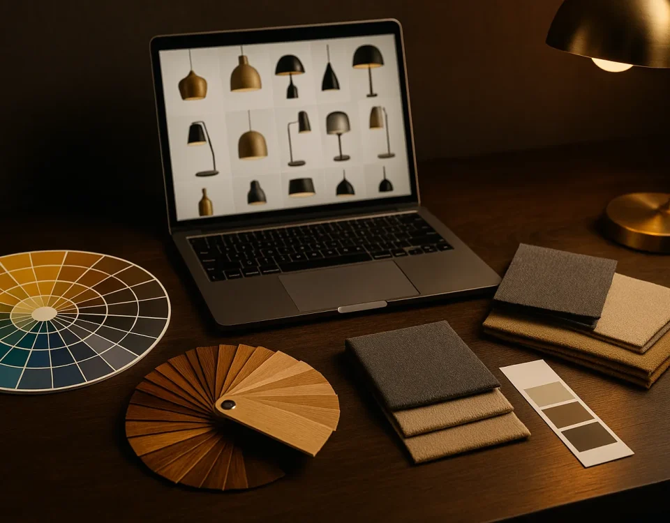 Recherche déco en ligne : laptop avec tableau produits et liens cliquables, nuanciers bois/tissus et luminaires — sélection matériaux, mobilier et accessoires.