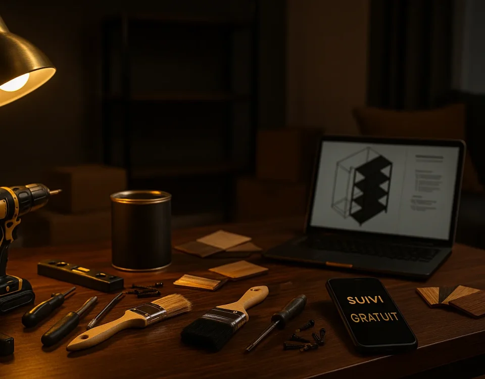 Client en cours d’installation avec outils et peinture ; smartphone “Suivi gratuit” — réalisation du projet et accompagnement 30 jours en coaching déco en ligne.