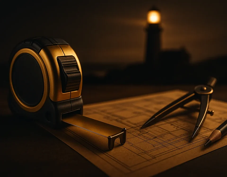 Prise de mesures d’une pièce avec mètre, plan et photos — coaching déco en ligne, relevé dimensionnel pour aménagement intérieur.