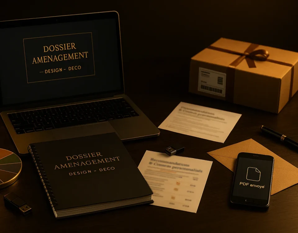 Dossier final d’aménagement en PDF avec shopping list à liens cliquables et recommandations personnalisées — coaching déco en ligne.