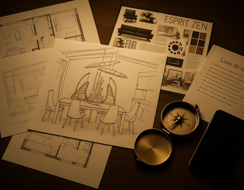 Échanges par e-mail autour d’esquisses d’aménagement — coaching déco en ligne avec retours, questions et envoi de fichiers à distance.