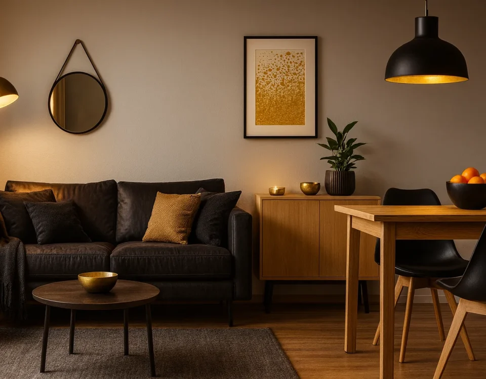 Salon scandinave élégant noir/or/bronze — coaching déco en ligne pour choisir matières, couleurs et mobilier, accompagnement particuliers et professionnels.