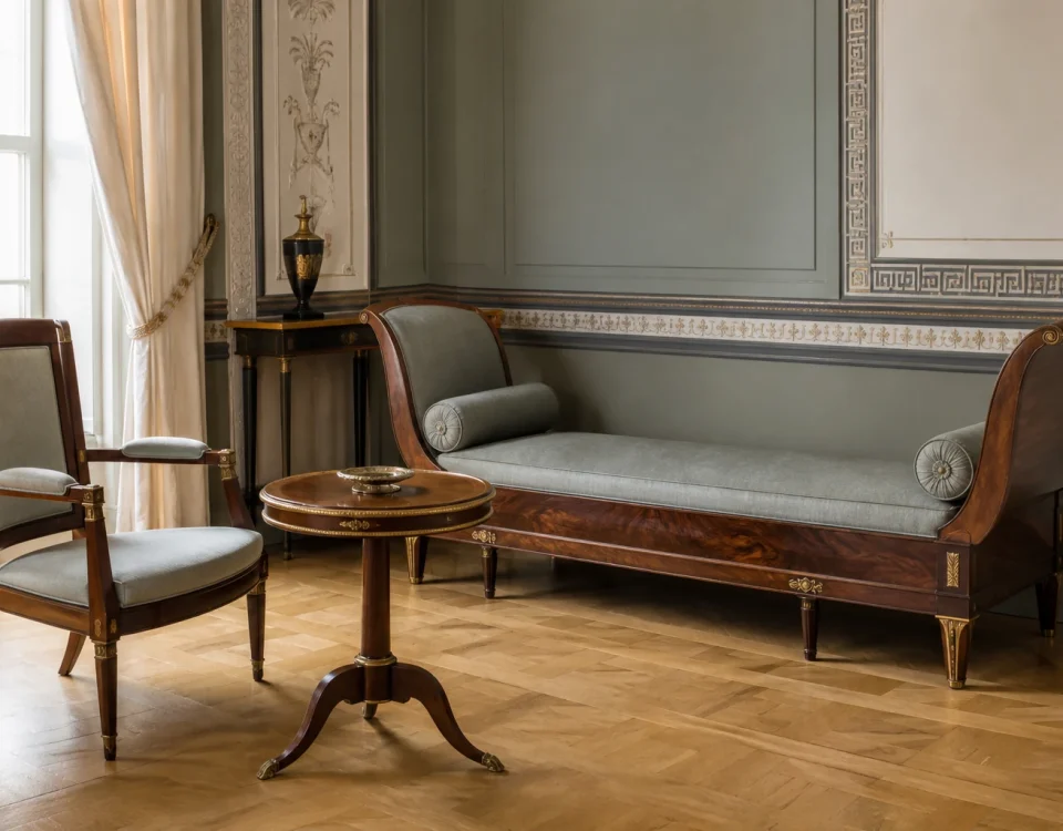 Méridienne en acajou, fauteuil à pieds en sabre et guéridon dans un salon de style Directoire