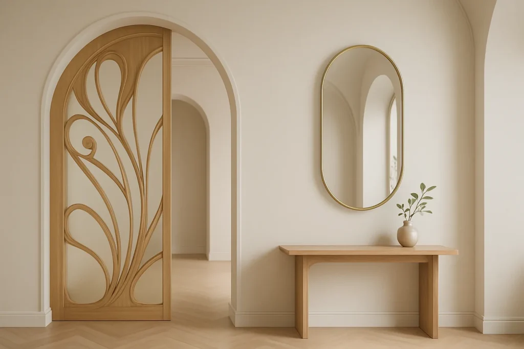 Arche arrondie et claustra organique en chêne, art nouveau contemporain minimal