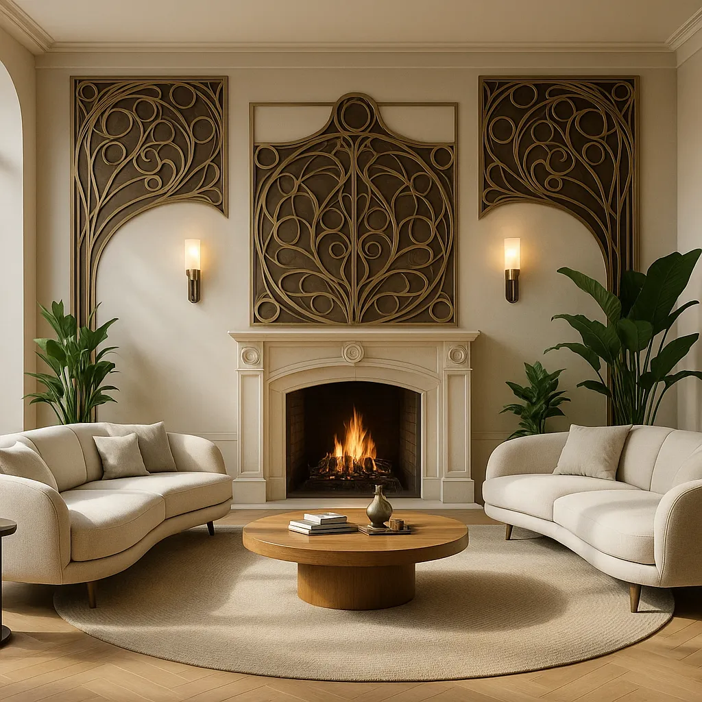 Salon Neo Art Nouveau avec cheminée sculptée et panneaux laiton, décoration art nouveau contemporaine