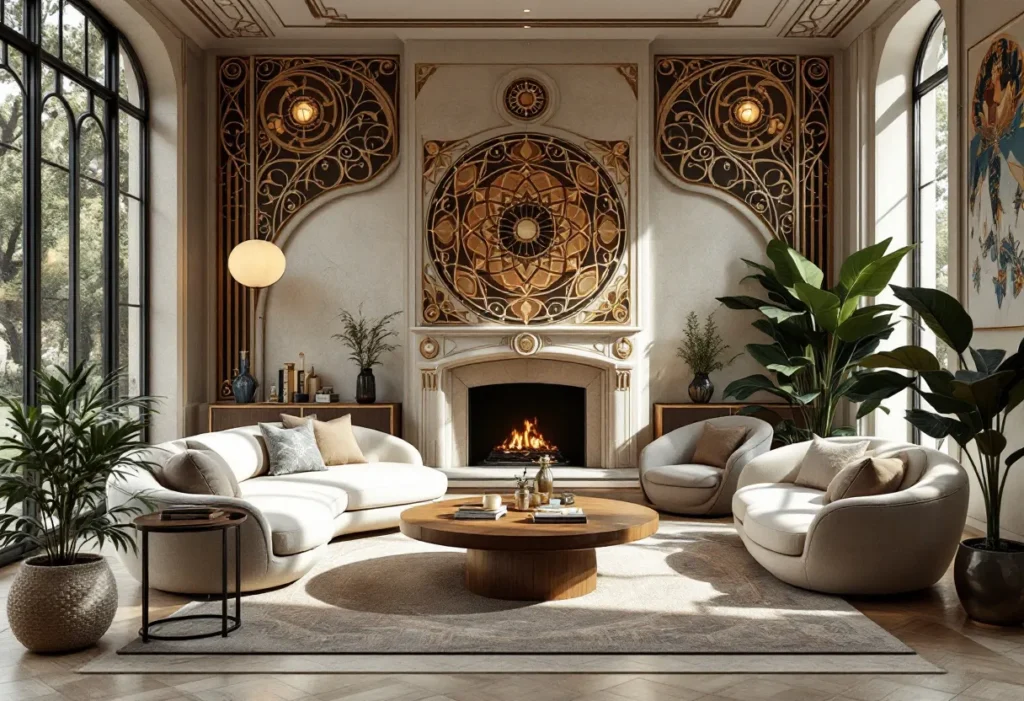 Décoration art nouveau contemporaine dans un salon lumineux aux motifs végétaux