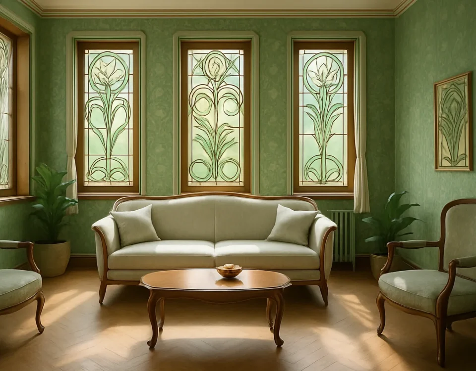 Salon avec vitraux floraux verts, mobilier courbe, décoration art nouveau