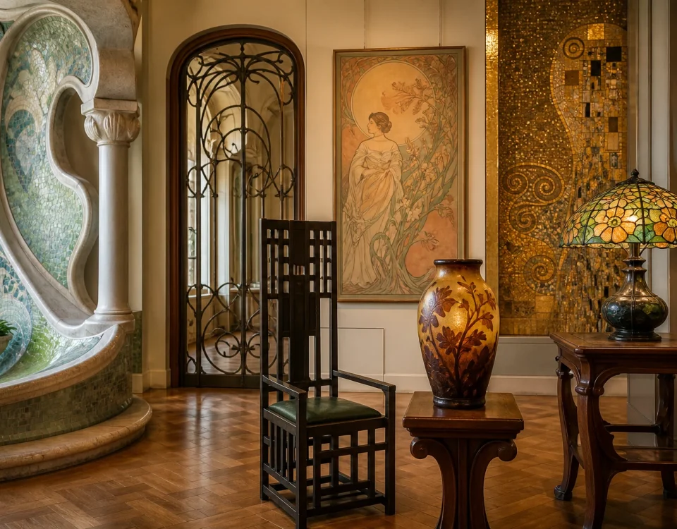 Galerie Art nouveau réunissant architecture organique, ferronnerie, mobilier, verrerie, affiche, vitrail et décor doré